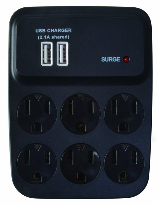 Woods 041052 Dual USB Charger 6-Outlet Surge Protector with Built-in Cradle, 900-Joules of Protection
