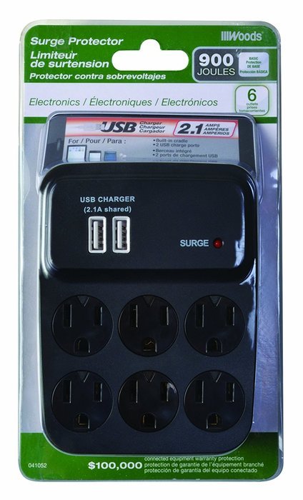 Woods 041052 Dual USB Charger 6-Outlet Surge Protector with Built-in Cradle, 900-Joules of Protection N2