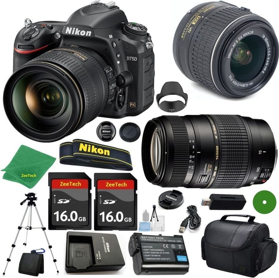 Nikon D750 International Version - No Warranty, Nikon 18-55mm VR Lens, Tamron 70-300mm DI LD Zoom, 2pcs 16GB ZeeTech...