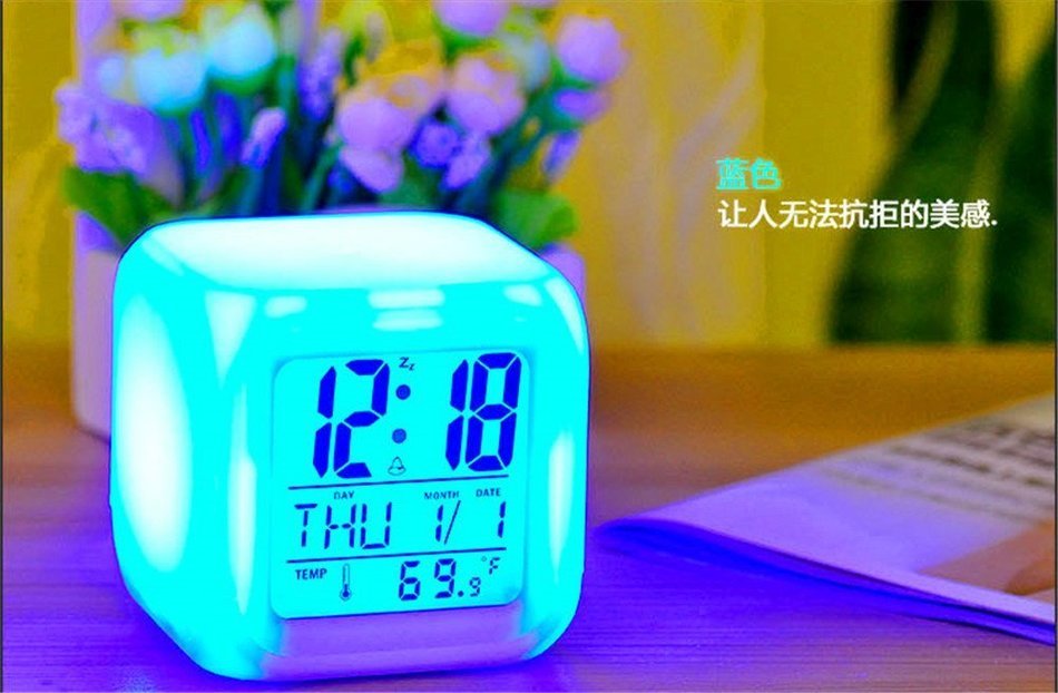 Surborder Shop Cube Colorful Glowing 7 Led Colors Changing Digital Alarm Clock with Time & Date Week & Temperature... N10
