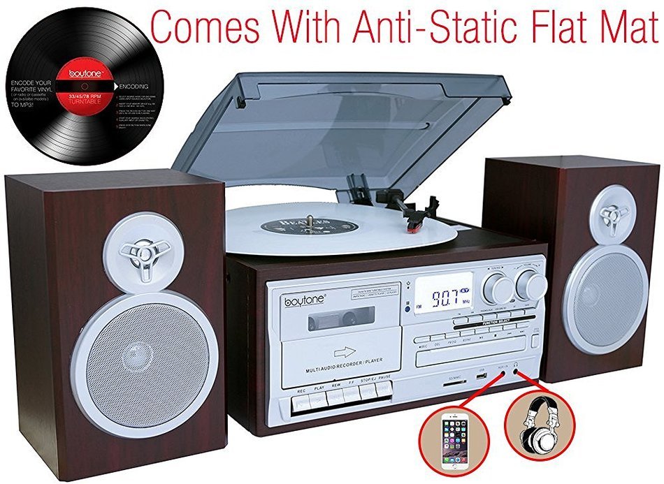 Boytone BT-28SPS, Bluetooth Classic Style Record Player Turntable with AM/FM Radio, Cassette Player, CD Player... N5
