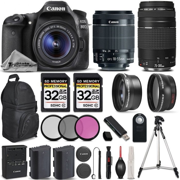 Canon EOS 80D Wi-Fi Full HD 1080P Digital SLR Camera + Canon 18-55mm IS STM + Canon 75-300mm III + 0.43Wide Angle...