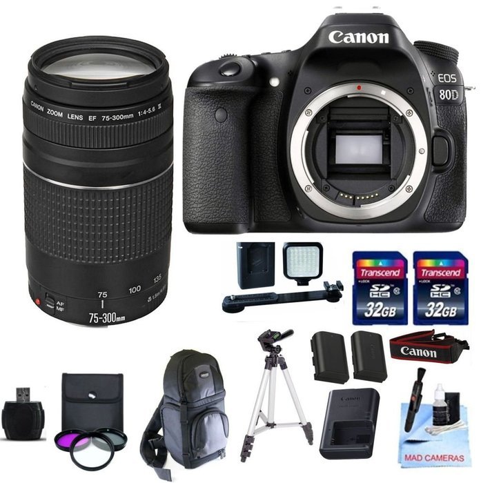Canon EOS 80D + Canon 75-300mm III Telephoto Zoom Lens + 2 32GB Transcend SD Memory Cards + Spare LP E6 + LED...