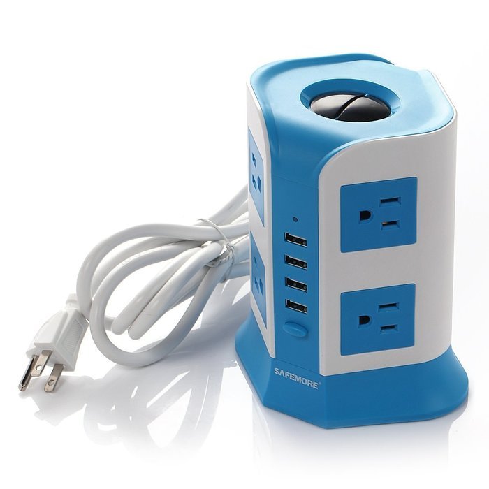 USB Charger Power Strip 8-AC Outlets with 4 USB Charging Ports (Blue+White) N2