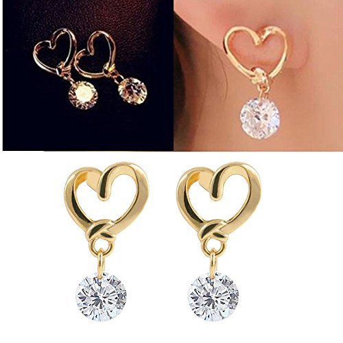 JT11 1 Pair Golden Heart Ear Studs Crystal Dangle Earrings Fashion Jewelry