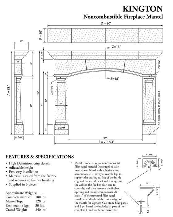 Kington Thin Cast Stone Adustable Fireplace Mantel Kit - Complete Kit includes hearth and adjustable interior... N3