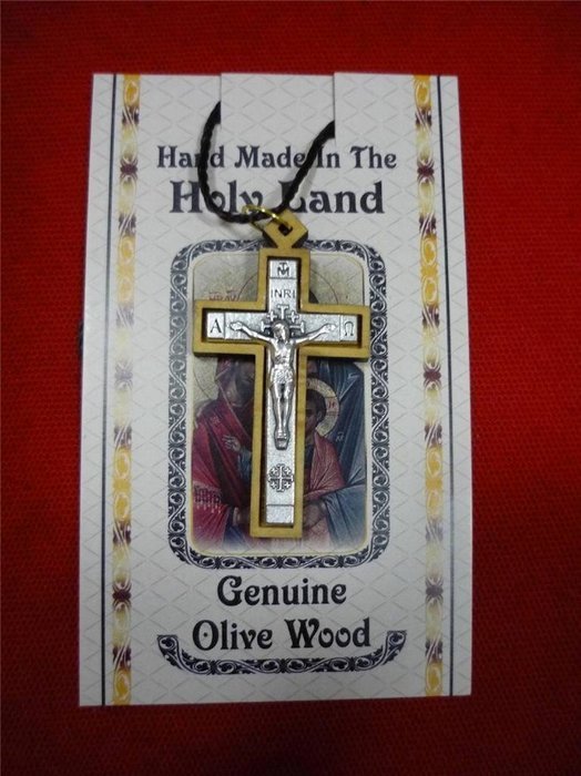 Olive Wood Catholic Silver Plated Cross Crucifix 2" Handmade on Thread Holy Land N2