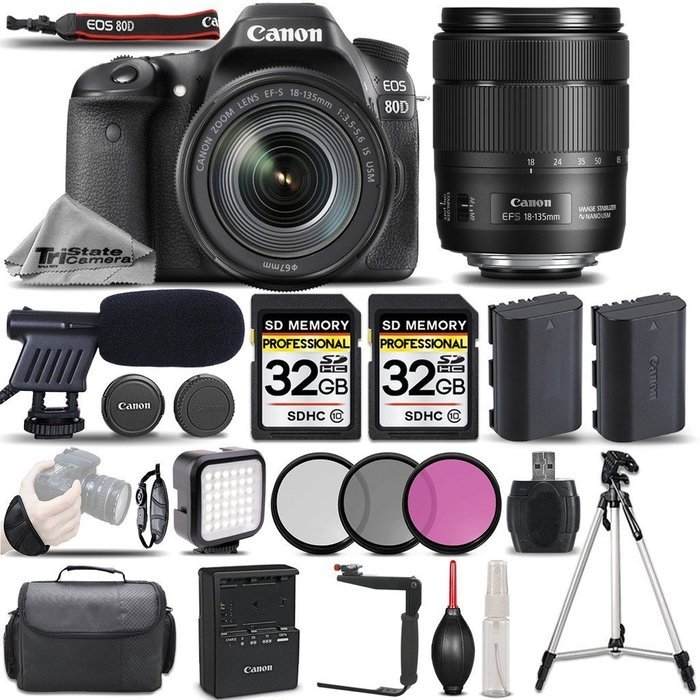 Canon EOS 80D Wi-Fi Full HD 1080P Digital SLR Camera + Canon 18-135mm IS USM Lens + 64GB Storage + Shotgun Mic...