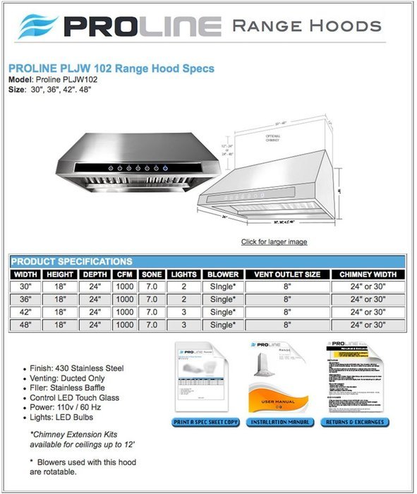 42" 1000 CFM Ducted Wall/Under Cabinet Range Hood N7