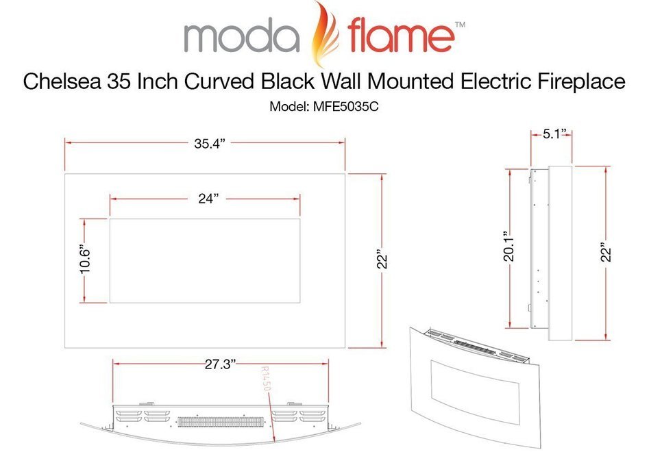 Moda Flame Chelsea 35 Inch Curved Black Wall Mounted Electric Fireplace N6