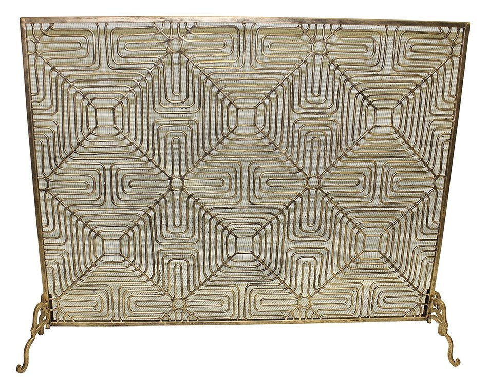 Light Burnished Gold Iron Maze Design Single Panel Fire Screen with Mesh Backing