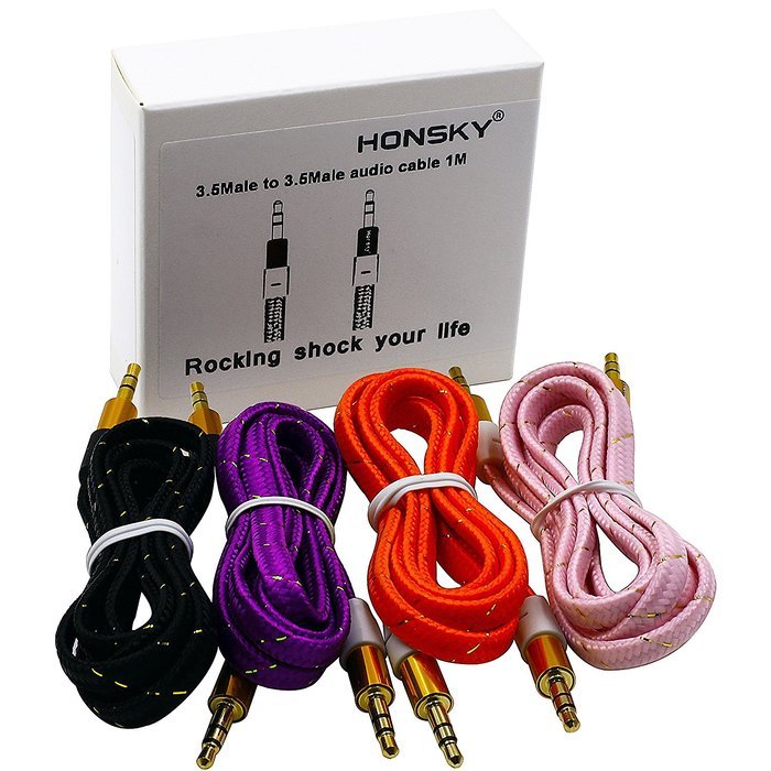 Pack of 4, 3.2 Ft 3.5mm Audio Cable Male to Male, Honsky Universal Durable Braided Colorful Noodle Flat Gold Plated... N22