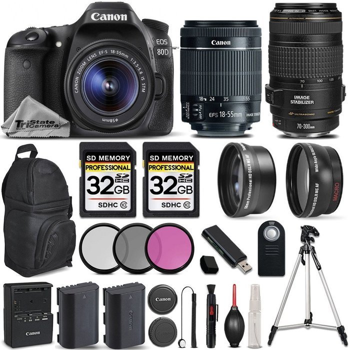 Canon EOS 80D Wi-Fi Full HD 1080P Digital SLR Camera + Canon 18-55mm IS STM Lens + Canon 70-300mm IS USM Lens... N2