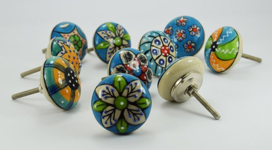 BLUE NIGHT 10 Pieces Set of Sky Blue Color Ceramic Knobs Drawer Pulls with Different Design & Chrome Hardware...