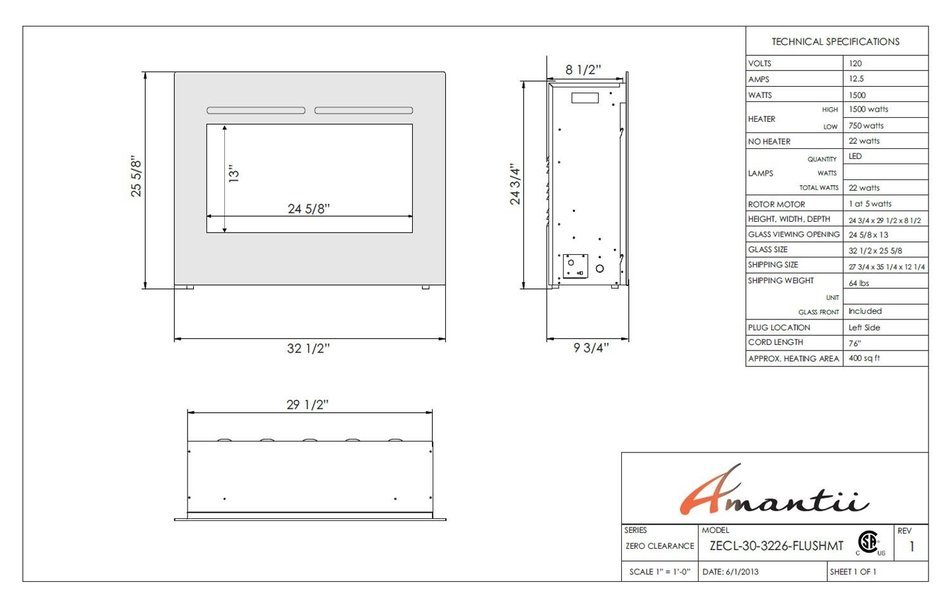 Amantii Zero Clearance Series Built-In Flush Mount Electric Fireplace, 30 Inch N3