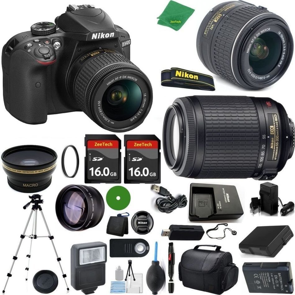 Nikon D3400 International Version - No Warranty, 18-55mm f/3.5-5.6 VR, Nikon 55-200mm f4-5.6G VR, 2pcs 16GB ZeeTech...