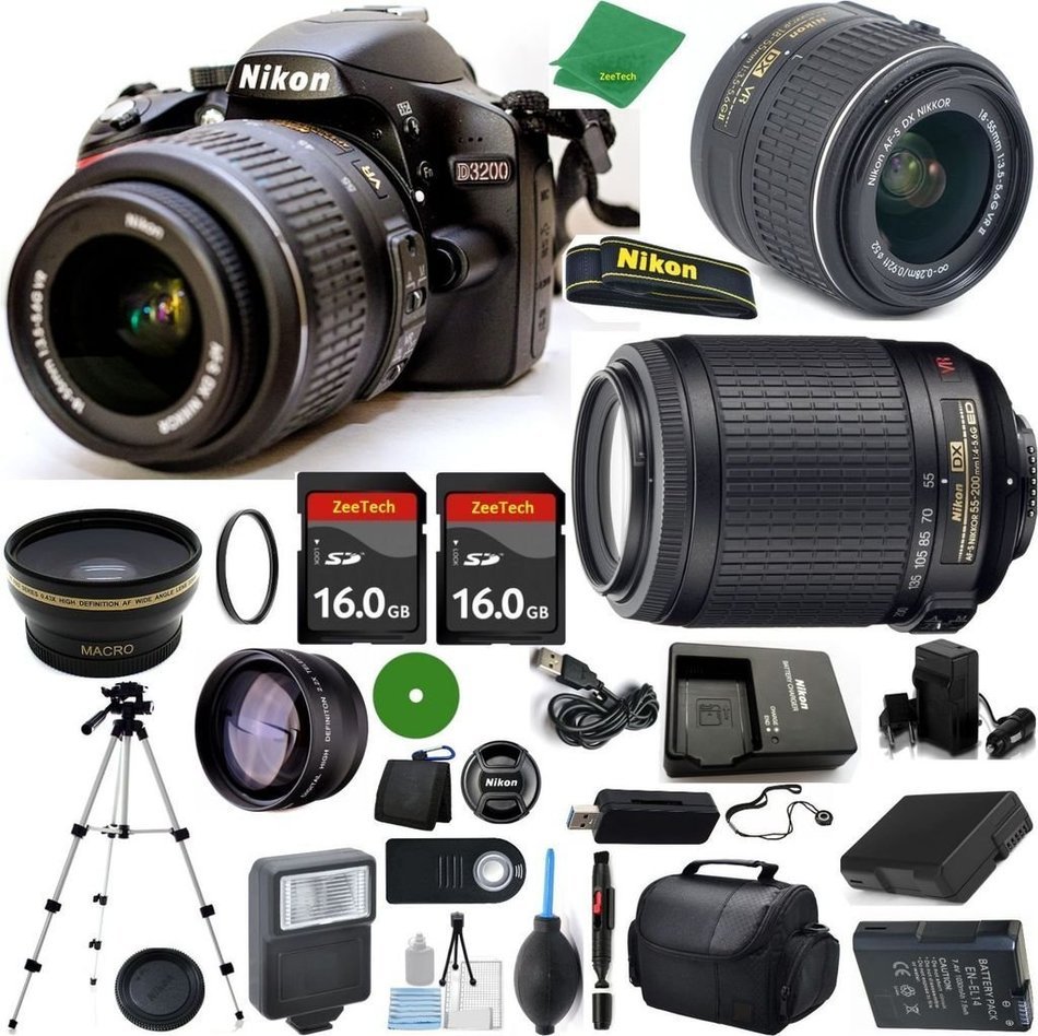 Nikon D3200 International Version - No Warranty, NIKKOR 18-55mm f/3.5-5.6 VR, Nikon 55-200mm f4-5.6G VR, 2pcs...