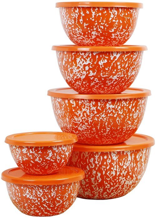 Calypso Basics Marble 12 Piece Enamel Bowl Set, Orange