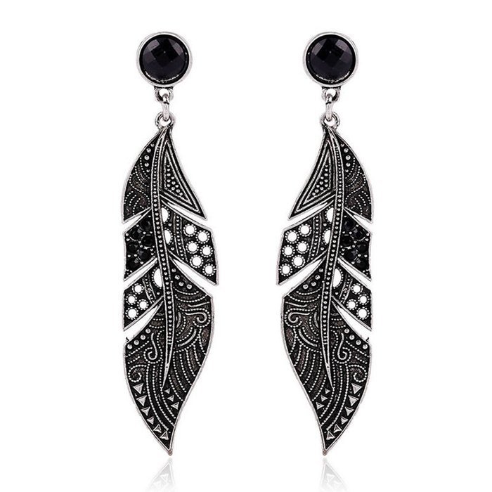 Fashion Black Long Leaf Drop Stud Dangle Earrings Fashion Women Silver Jewelry N2