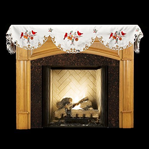 19" X 90" Wide Christmas Embroidered Red Cardinals and Pine Cones on White Fireplace Mantle Scarf
