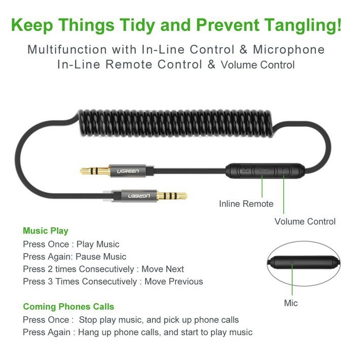 3.5mm Audio Cable, Ugreen 3.5mm Coiled Stereo Audio Cable Male for Car Stereo/Headphone/Phone/MP3(5FT, Black) N9