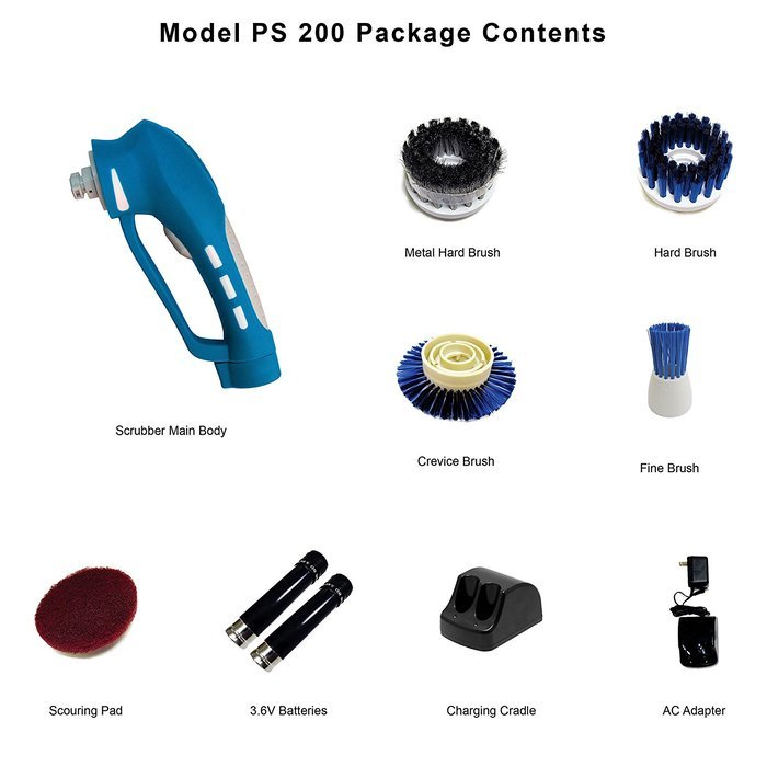 Metapo Power Scrubber PS200 with 2 Rechargeable Batteries, 4 Brushes and 1 Scouring Pad. Great for Bathroom, Shower... N6