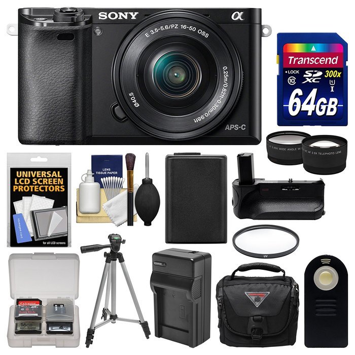 Sony Alpha A6000 Wi-Fi Digital Camera & 16-50mm Lens (Black) with 64GB Card + Case + Battery & Charger + Grip...