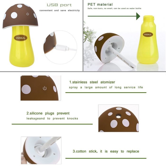 Ultrasonic Cool Mist Humidifier,Dizaul Mushroom Humidifier 200ml for skin moisturing,stealth mask with No Noise... N14