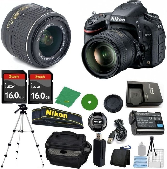 Nikon D610 Digital SLR - International Version (No Warranty), 18-55mm f/3.5-5.6 DX VR, 2pcs 16GB ZeeTech Memory...
