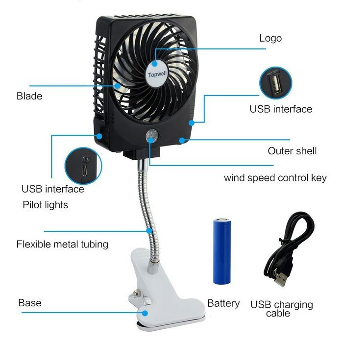 Topwell Mini Square Rechargeable Clip Base Fan with LED Light, Battery and USB Cable, Black N16