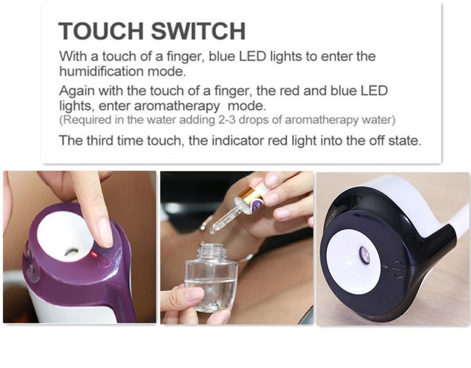 Happy-top Portable Mini 50ml Travel Ultrasonic Cool Mist Aroma Car Air Humidifier with Dual USB Charger Port,... N9
