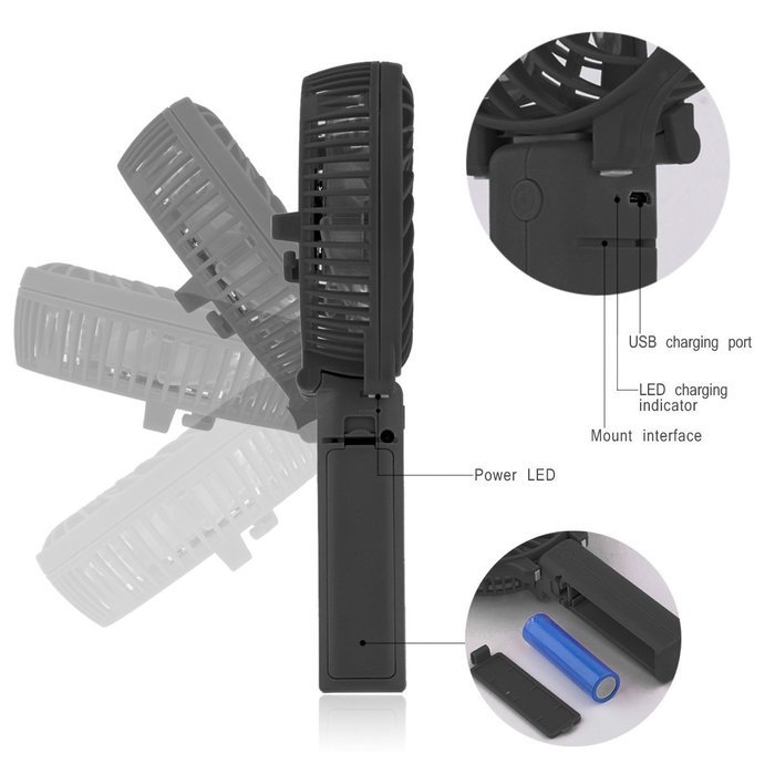 Portable USB Mini Fans with Umbrella Hanging and Metal Clip (Black) N13