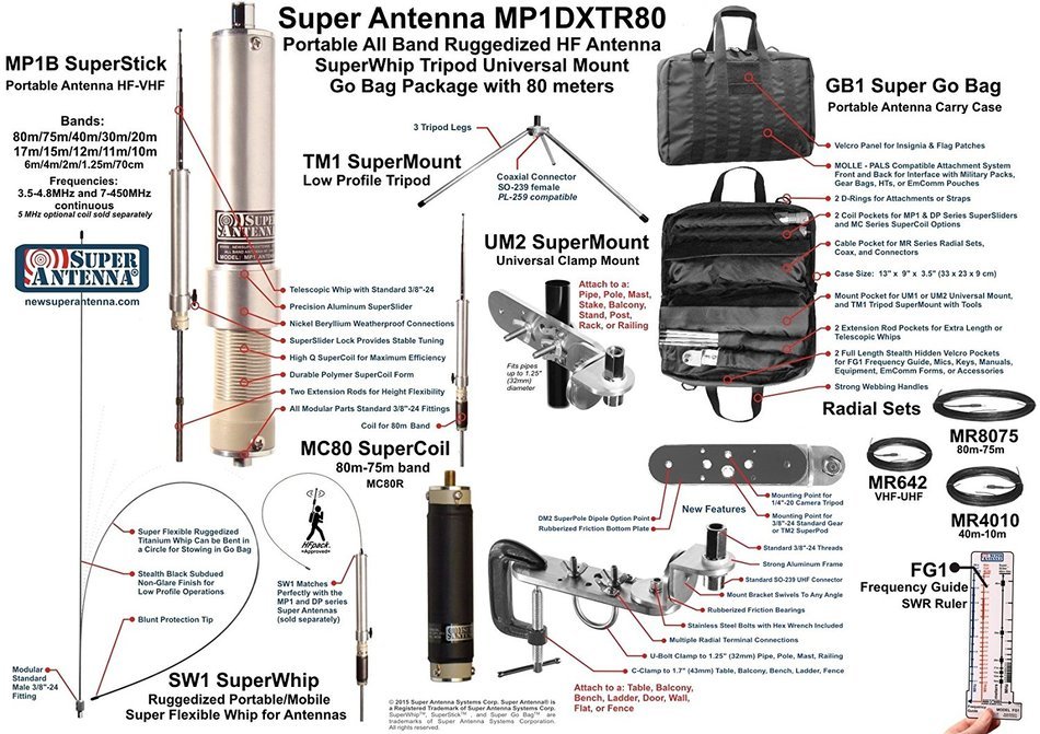 Super Antenna MP1DXTR80 HF SuperWhip Tripod All Band 80m MP1 Antenna with Clamp Mount and Go Bag ham radio amateur N4