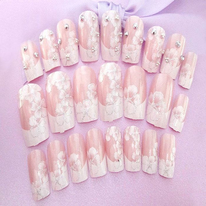 Spritech(TM) 24 Pre Design Elegant Flower Bling Rhinestone Fake Nail Piece for Bride Salon Laday Daily Use N17