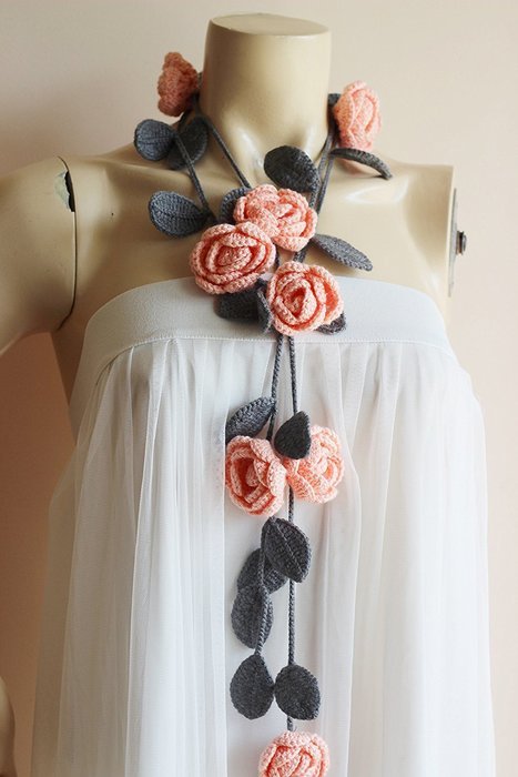 Salmon and Grey Crochet Necklace-Salmon and Grey Lariat Necklace-Rose Lariat Scarf-Rose Necklace N3