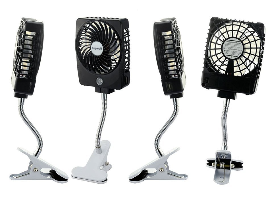 Topwell Mini Square Rechargeable Clip Base Fan with LED Light, Battery and USB Cable, Black N19