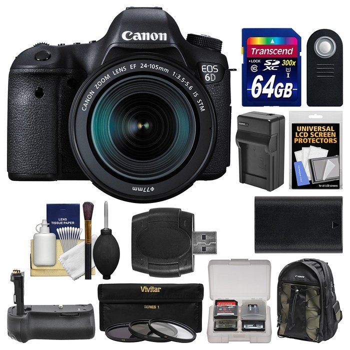 Canon EOS 6D Digital SLR Camera Body & EF 24-105mm IS STM Lens with 64GB Card + Canon Backpack + Battery & Charger... N4
