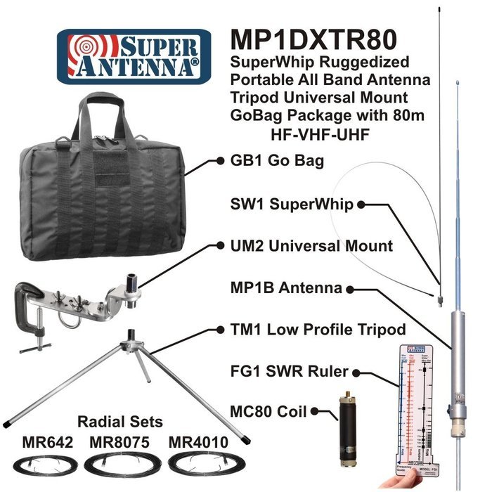 Super Antenna MP1DXTR80 HF SuperWhip Tripod All Band 80m MP1 Antenna with Clamp Mount and Go Bag ham radio amateur N6