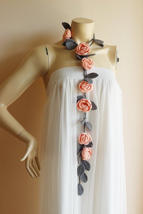 Salmon and Grey Crochet Necklace-Salmon and Grey Lariat Necklace-Rose Lariat Scarf-Rose Necklace N4