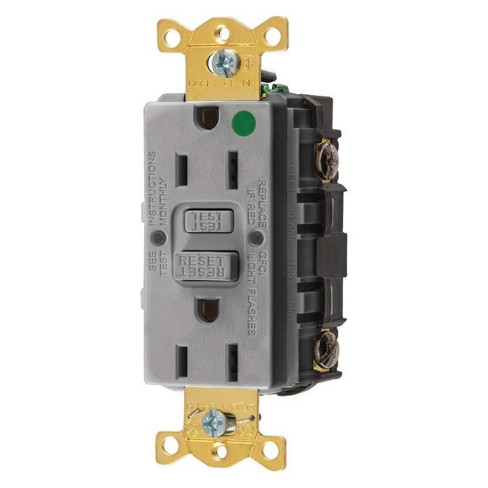 Hubbell GFRST82GY Gfci Receptacle, 15 Amps, Nema Configuration: 5-15R, Decorator, Self-Testing: YES, Gray