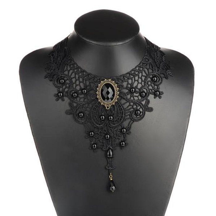 Black Retro Crystal Beads Choker Boho Lace Gothic Punk Collar Necklace Pendant N3