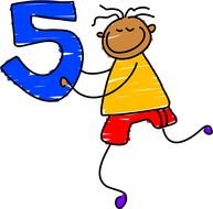 Number 5, cartoon happy person runs with digit in hands
