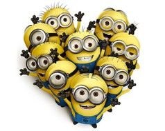 Minions stand in the shape of a heart on a white background