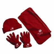 dark red hat, gloves and scarf