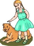 Colorful cartoon drawing of the girl with the dog, clipart