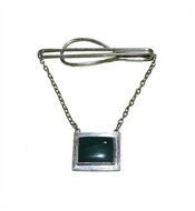 30s Art Deco Tie Clip Green Jade Silver Tone Metal
