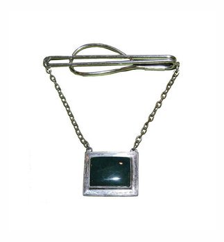 30s Art Deco Tie Clip Green Jade Silver Tone Metal