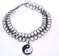 Black Tattoo Choker Stretch Henna Vintage Elastic Necklace with Yin Yang Charm