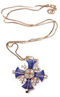 Gold Plated Opens Jerusalem Cross Pendant Necklace Blue Enamel Swarovski 1"