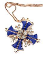 Gold Plated Opens Jerusalem Cross Pendant Necklace Blue Enamel Swarovski 1" N2